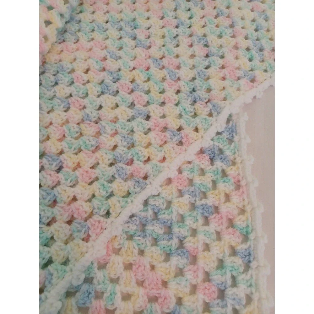 Hand knit baby blanket unisex pastel pink blue yellow 27-28